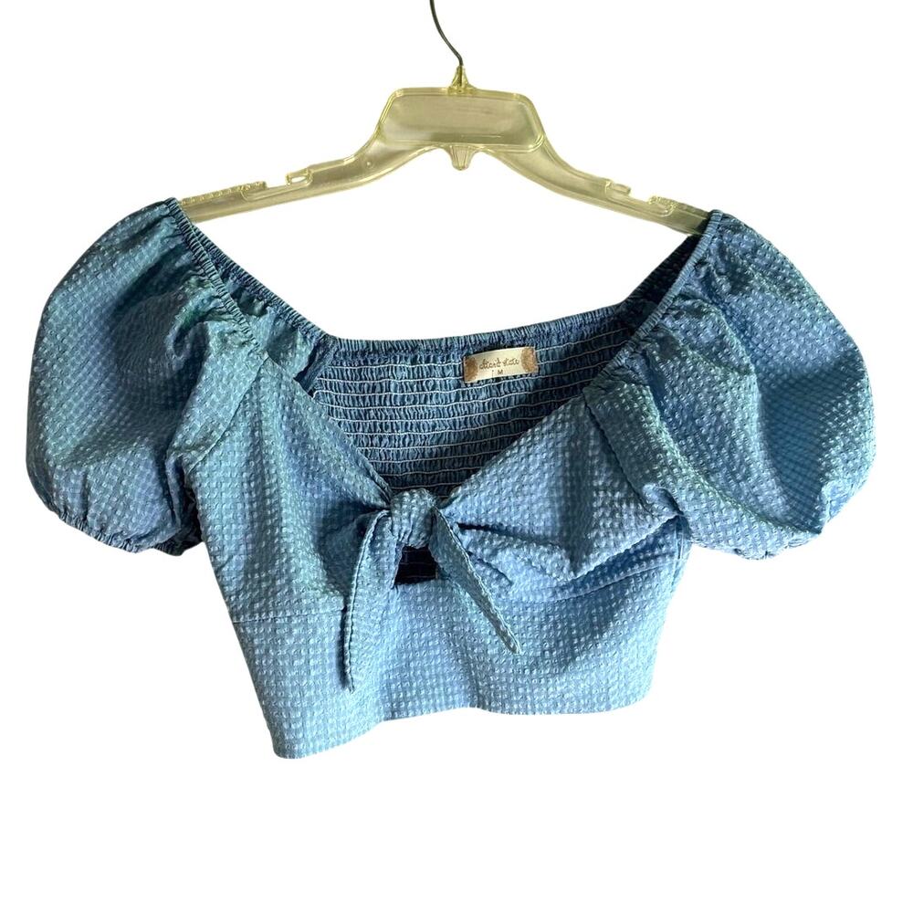 Altar'd State Dusky Blue Puff Sleeve Crop Top Front Tie Womens M NWT Boho